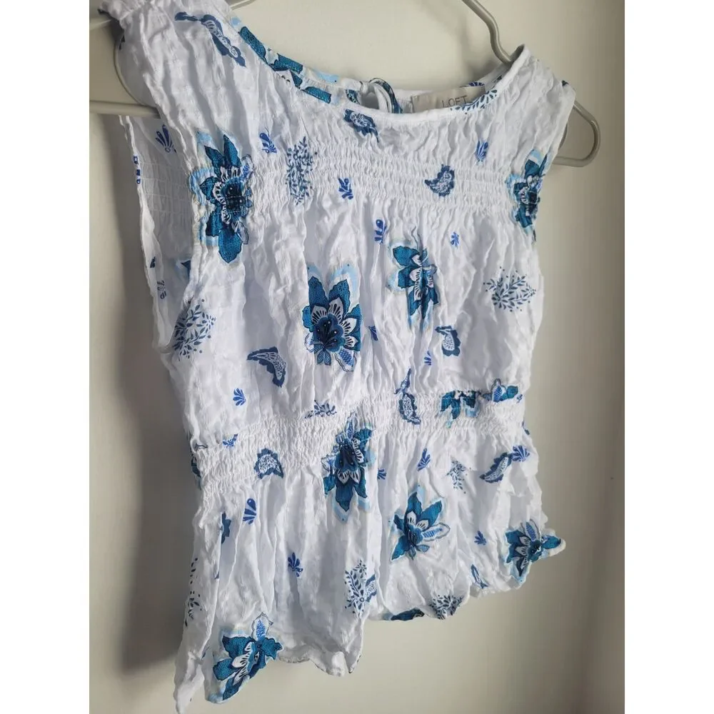 LOFT Extra Small S Sleeveless Top White Blue Paisley Plaid Smocked Peplum Top